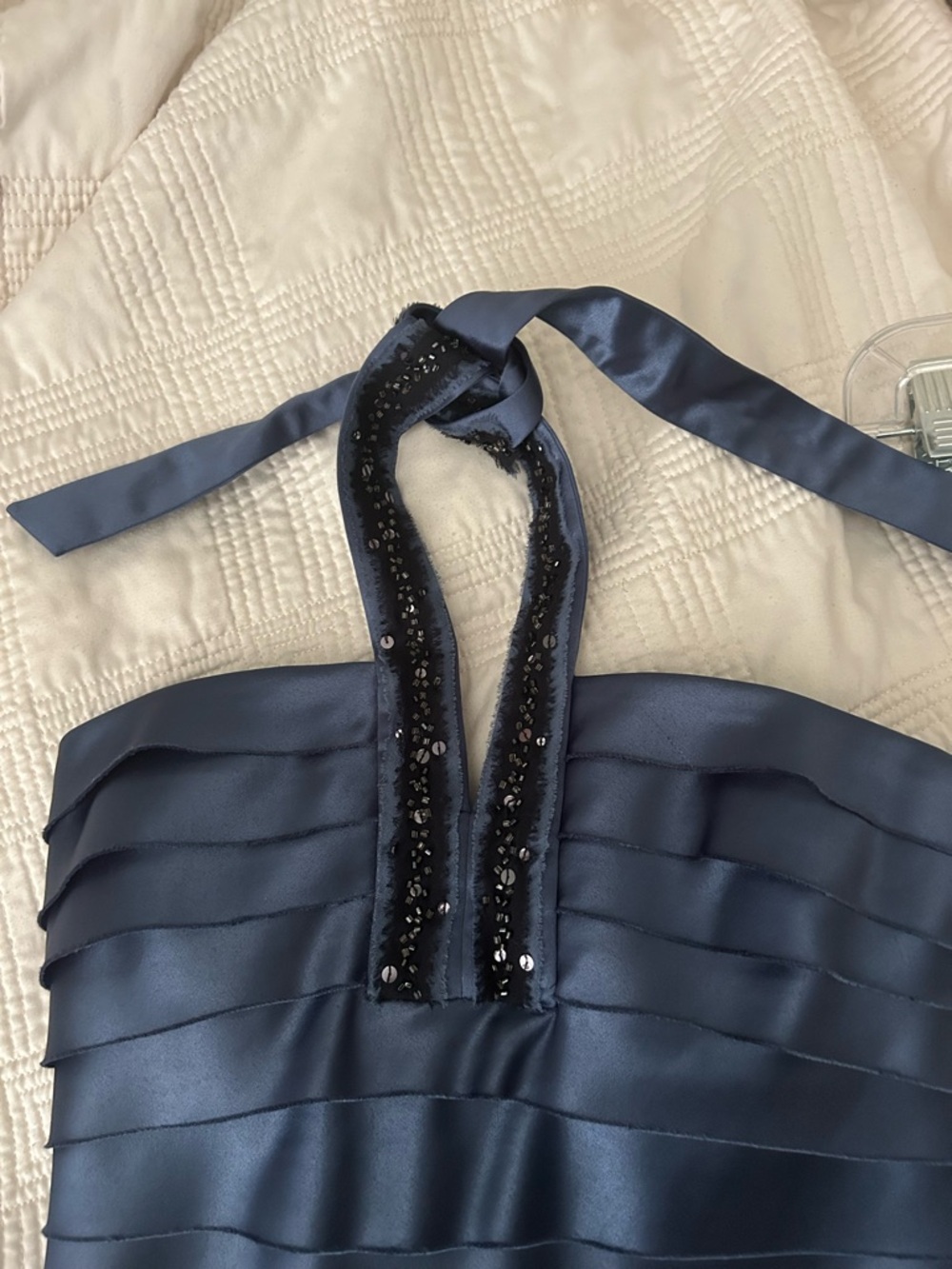 BCBG Navy Satin Halter Dress with Beaded Placket